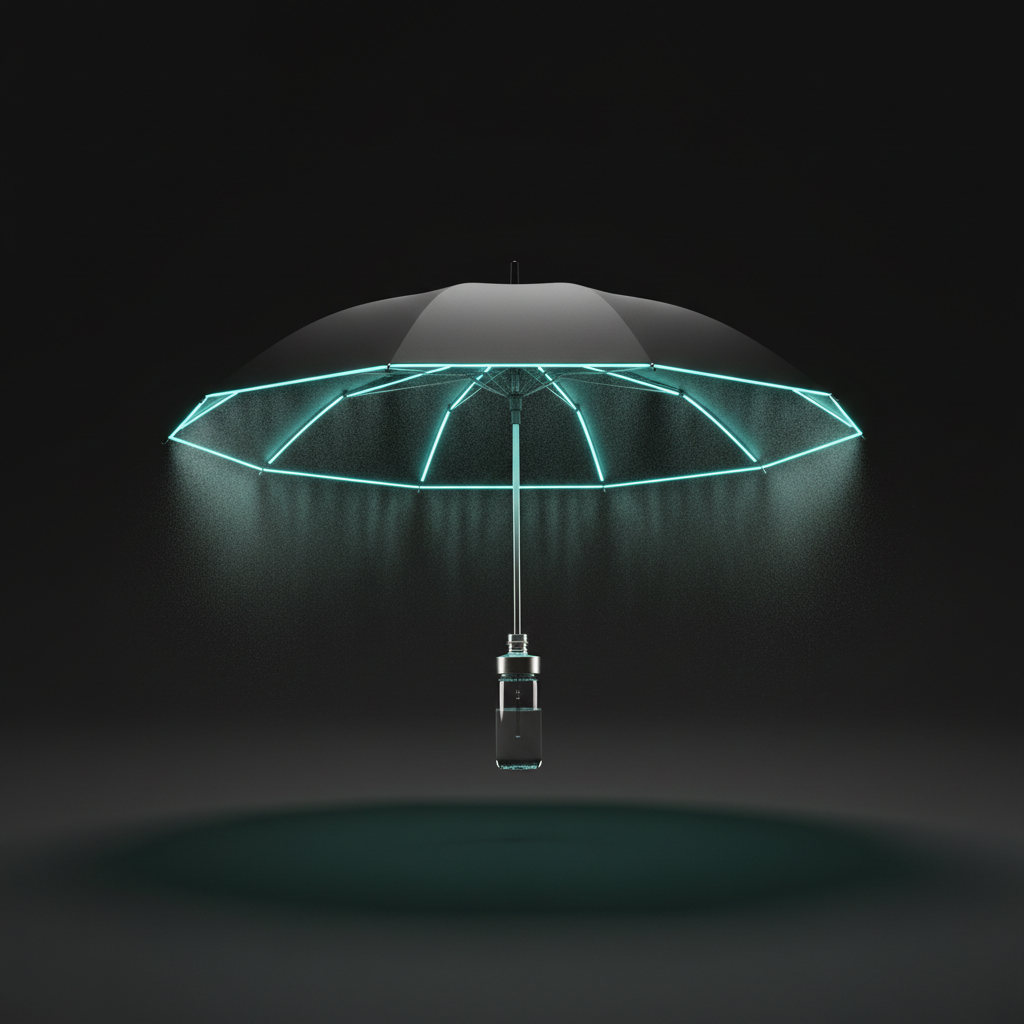 Breezely HydroShade misting cooling umbrella with neon cyan lighting on matte black background