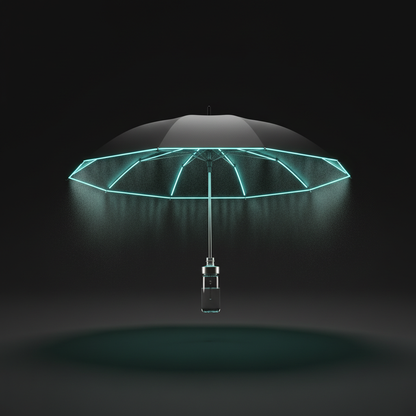Breezely HydroShade misting cooling umbrella with neon cyan lighting on matte black background